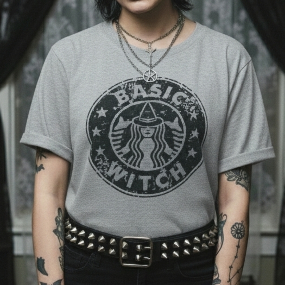 Dk Heather Gray black Starbucks inspired BASIC WITCH graphic tshirt XL NWOT